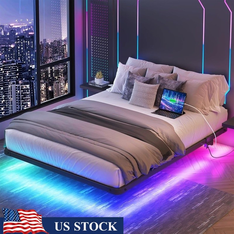 Floating Bed Frame W/ Charging Station LED Lights Heavy-Duty Easy Install New