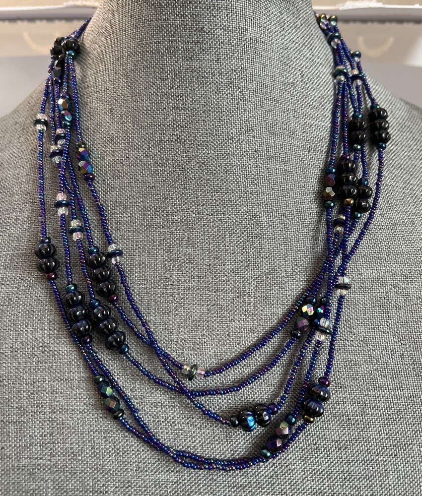 NECKLACE 5 Strands Beads Purple Blue White Black Aurora Borealis 21 in See Photo