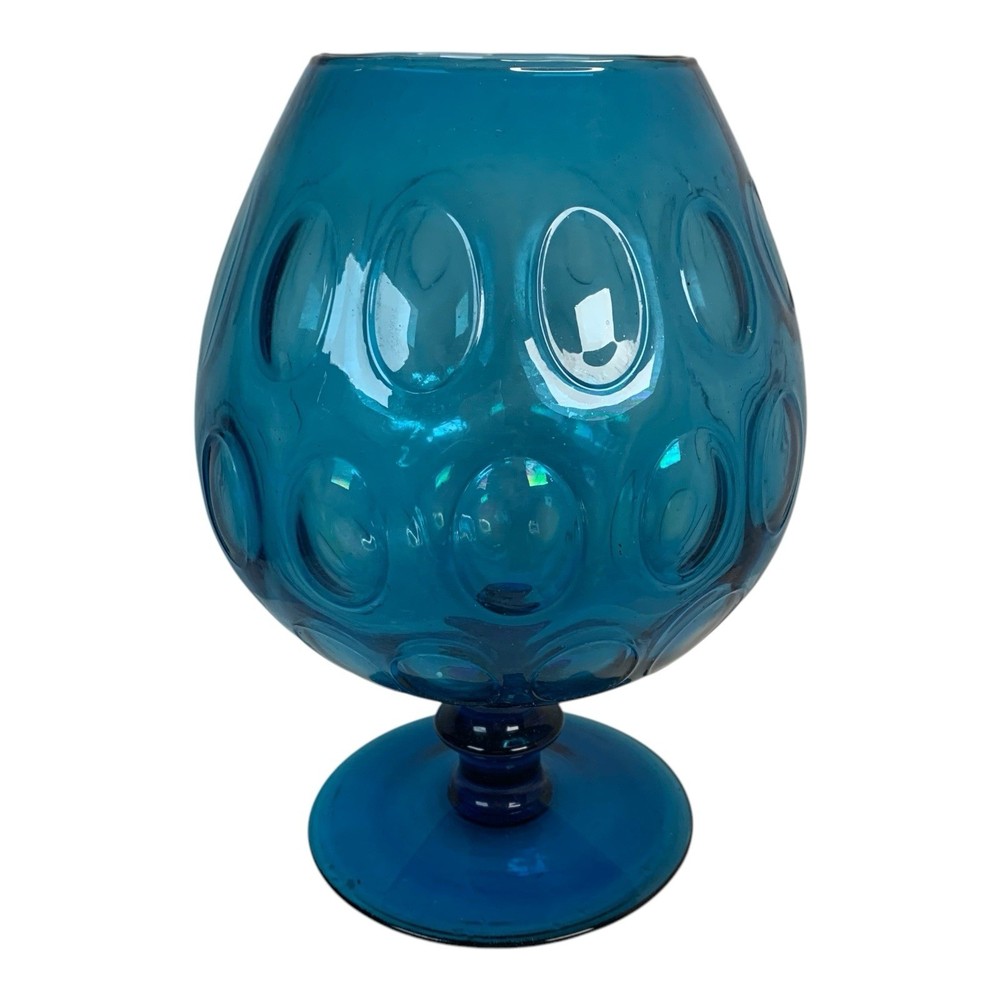 Mid-Century Blue Glass Empoli Thumbprint Pedestal Compote Vase 8 Inch