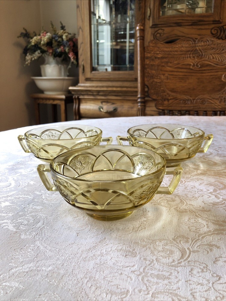 Vintage 1930s Federal Glass Dutch Rose Double Handled Bowls Set of 3