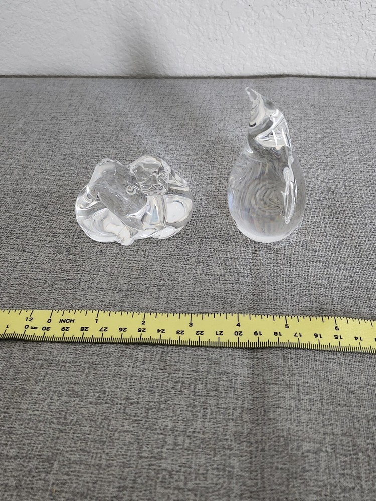 2 Vintage Steuben Puppy Love Hand penguin  Paperweight Crystal - Signed -