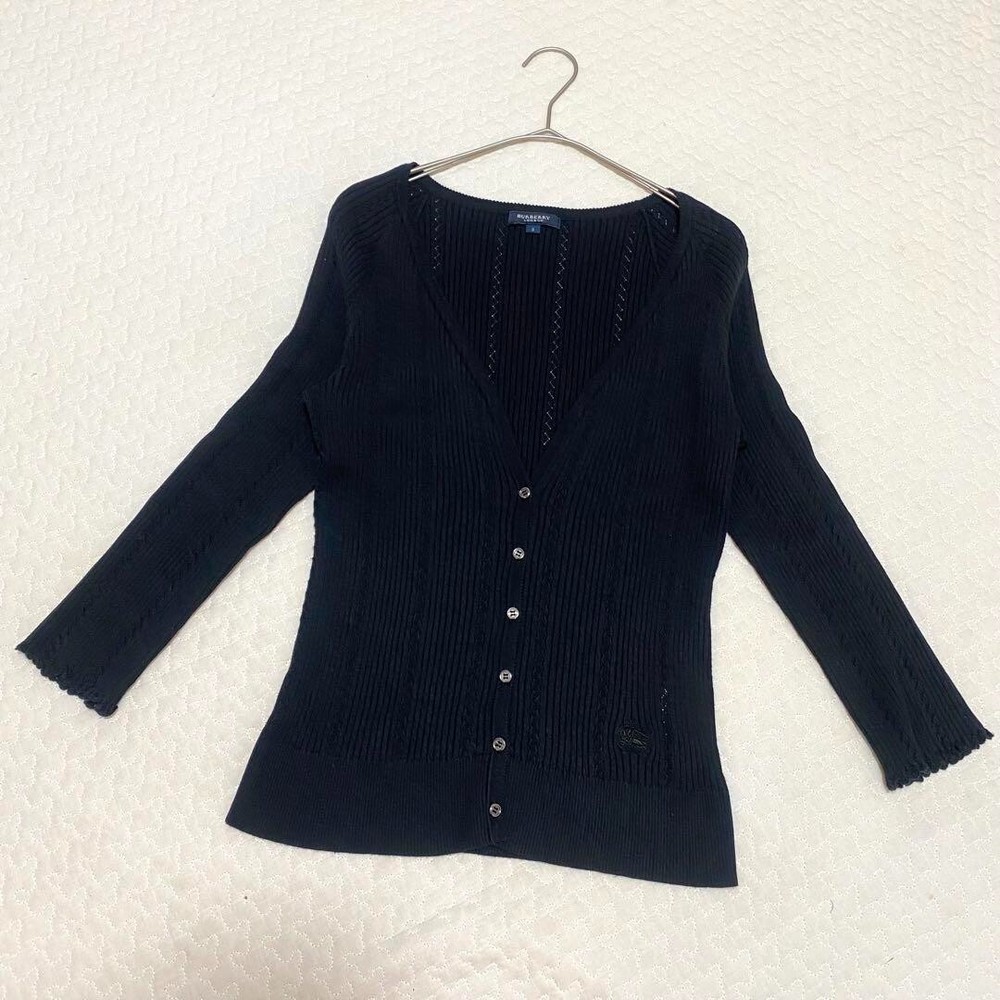 Burberry London Rib Knit Cardigan V-Neck Embroidered Logo Women Size 2/S-M Used