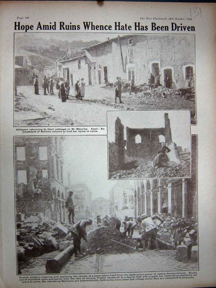Original Old Vintage Print 1918 Ww1 French Siers Houses Ruins St Maurice Amiens