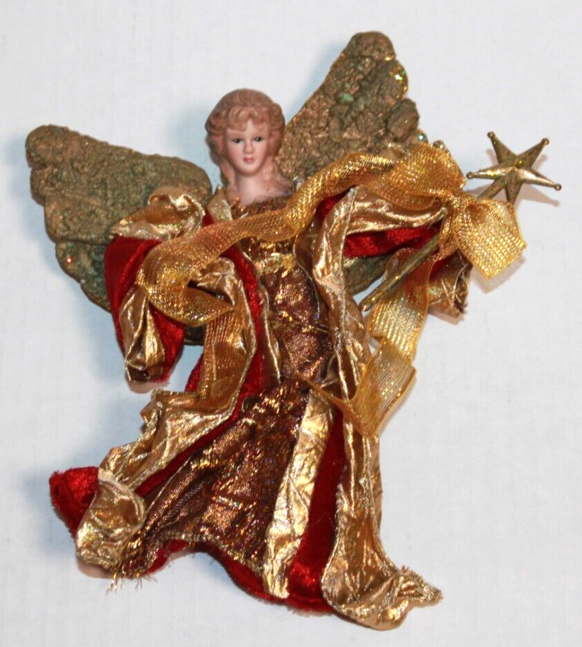Red Velvet Gold Trim Ceramic Angel Christmas Ornament with Wand