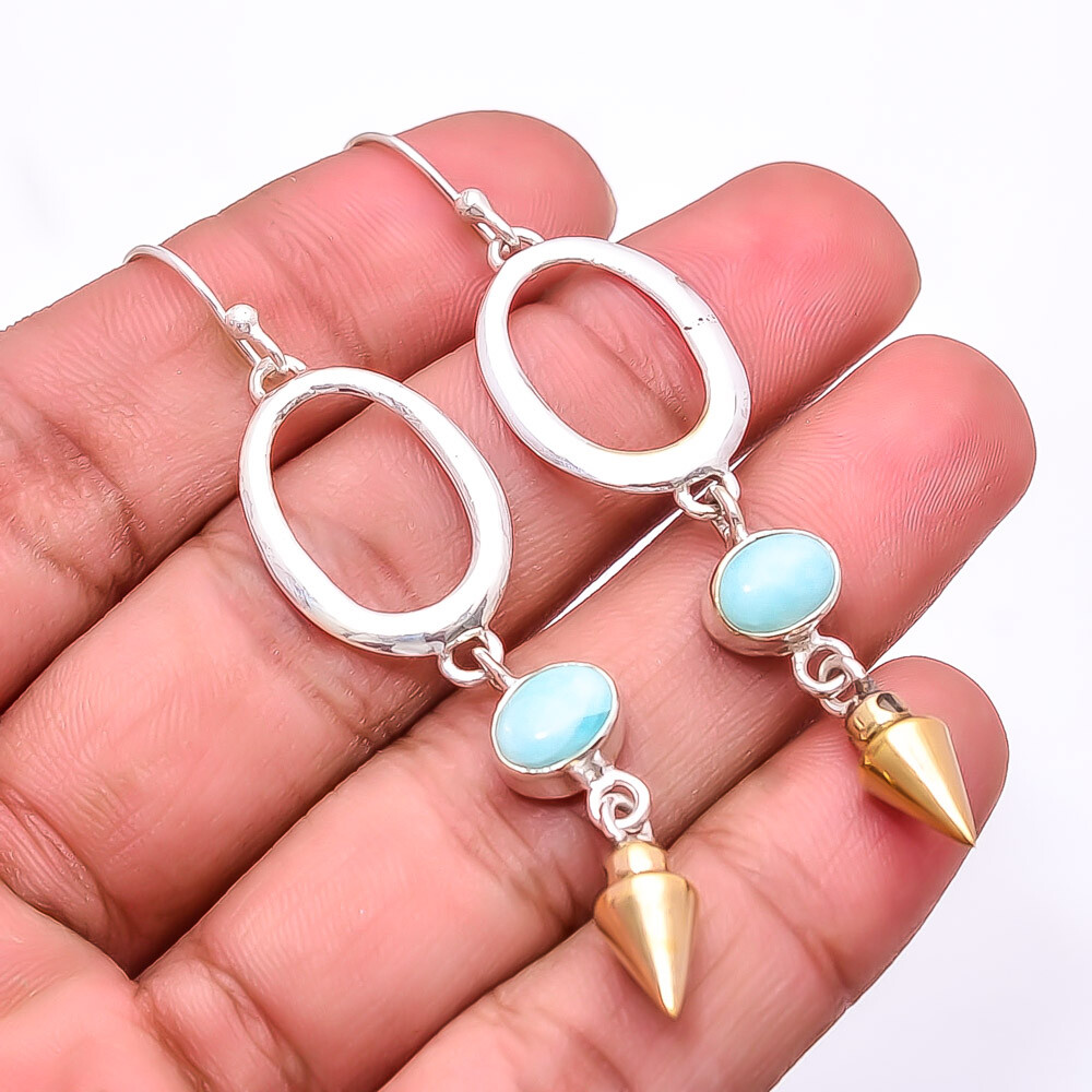 Natural Larimar 925 Sterling Silver Two Tone Arrow Head Earring 2.73