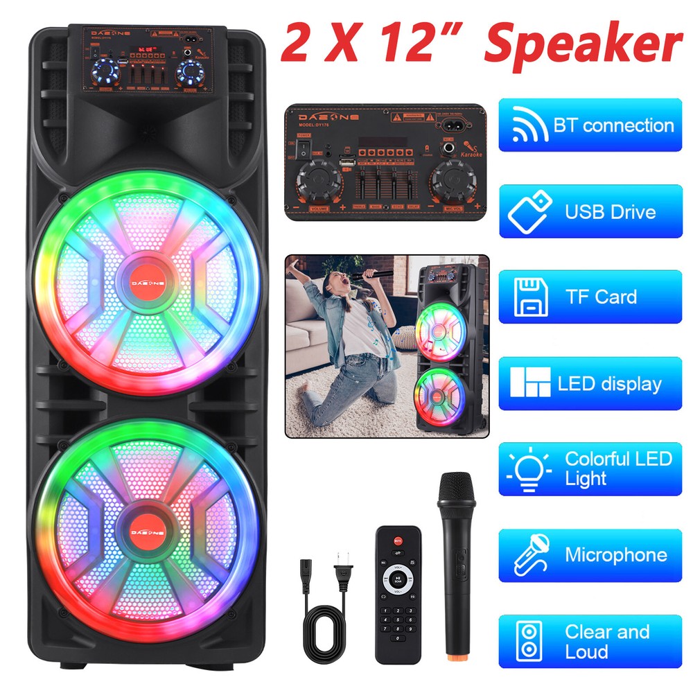 12'' Dual Portable Bluetooth Speaker Subwoofer FM Heavy Bass Sound Karaoke W/Mic