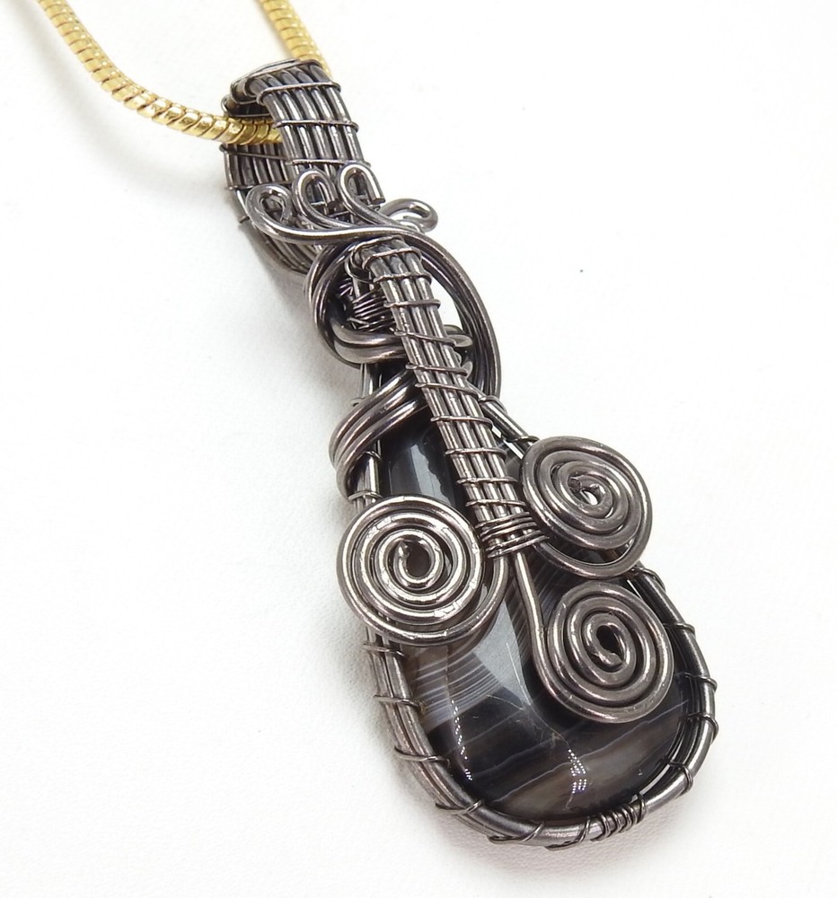 Black Strip Agate Brass Pendant Silver Oxidised Polished Wire Wrapped Jewelry