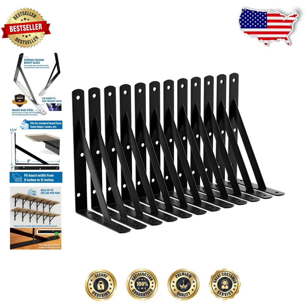 Heavy Duty 9-Inch Shelf Brackets 12 Pack - Supports 120lbs in Satin Black