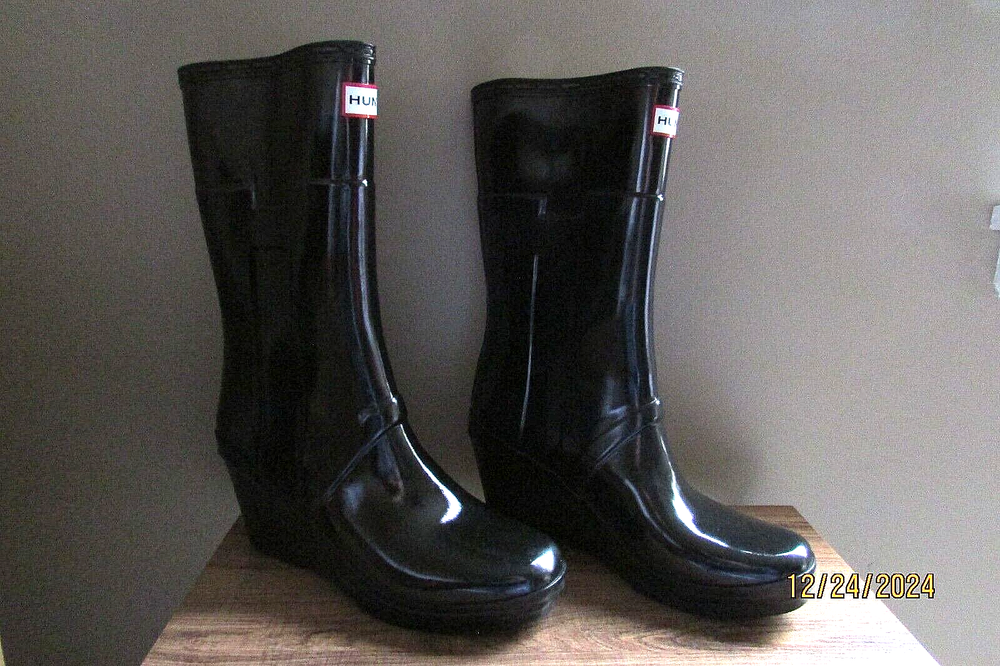Hunter Kellan Negro Brillante Oculto Cuña Impermeable Media pantorrilla Lluvia Invierno Bota-Talla 8