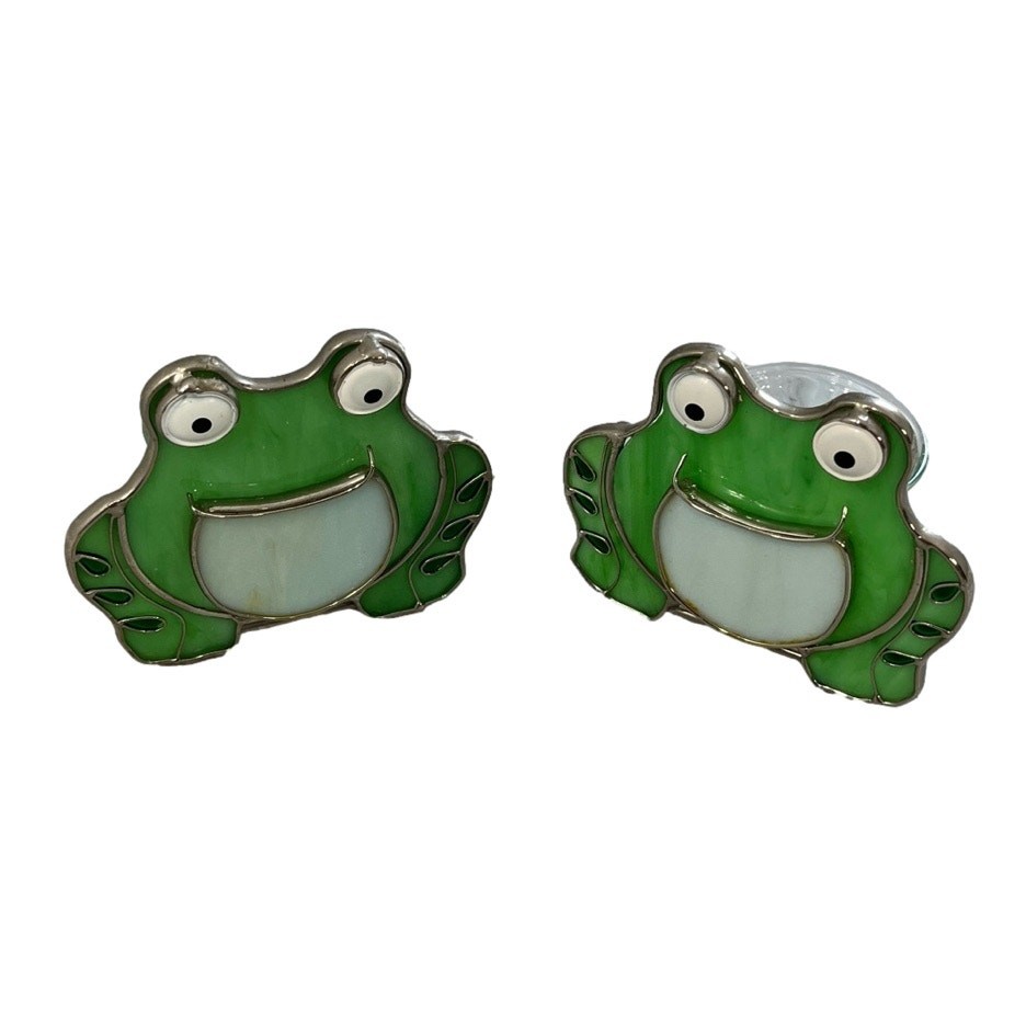 Green Frog Stained Glass Tea Light Candle Holder Pair