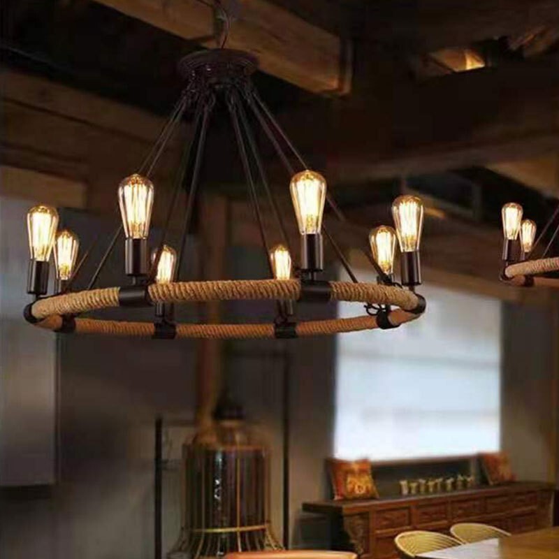 Vintage Circle Shade Hemp Rope Ceiling Lamp 8 Lights Pendant Light Chandeliers