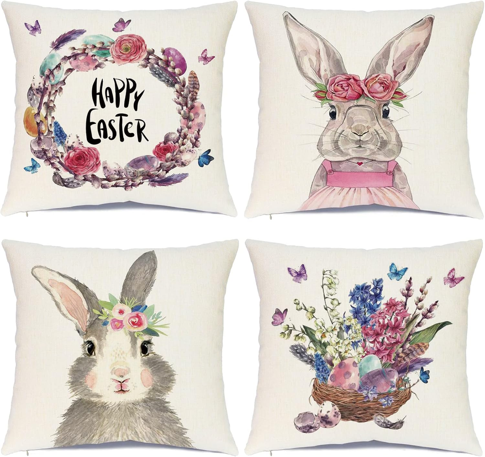Easter 18x18 Pillow Covers Set of 4 with Bunny and Egg Design