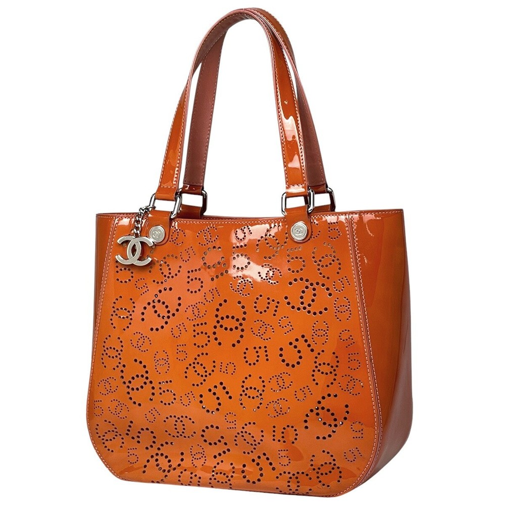 Chanel Coco Mark Tote Bag Orange Patent Leather No.5 Enamel Shoulder