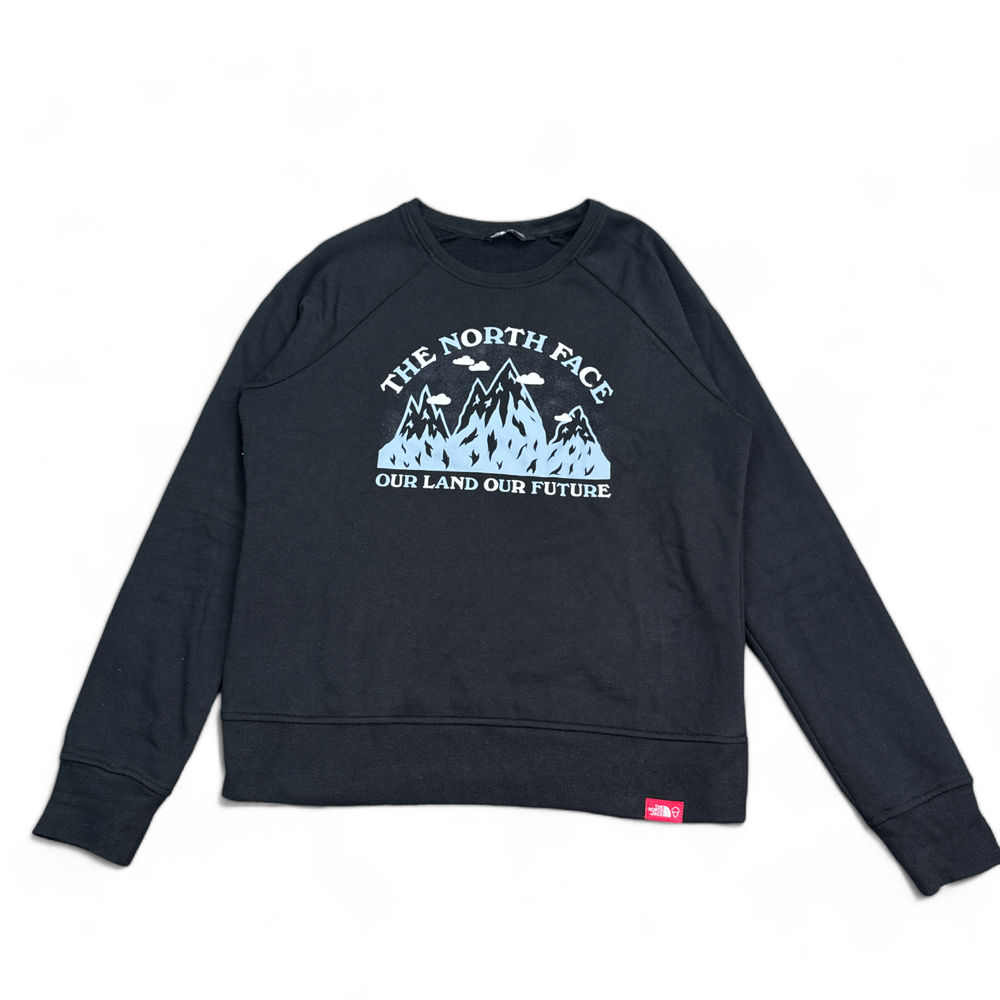 The North Face Sweatshirt Womens Medium Black Big Logo Pullover Fleece Mountains