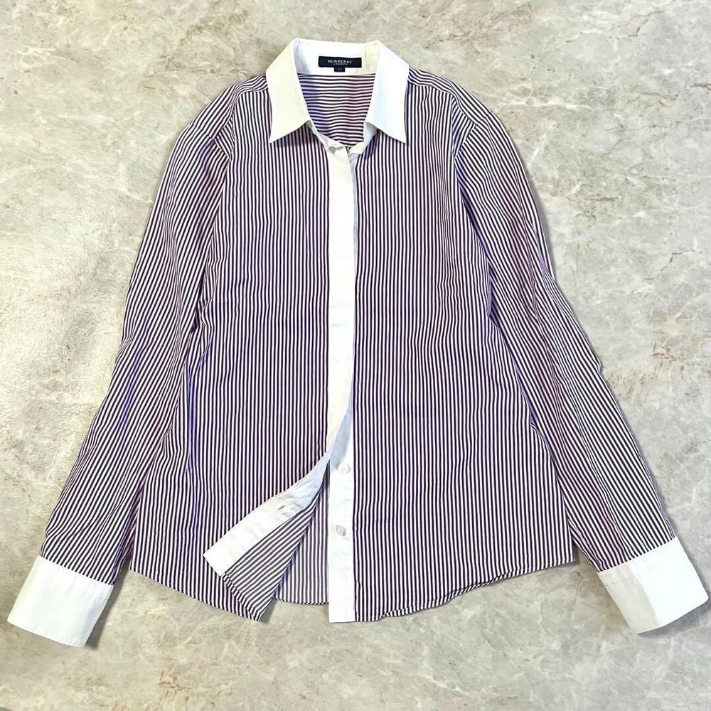 BURBERRY LONDON 100% Cotton Striped Long sleeve Shirt Purple Women Size 40 Used