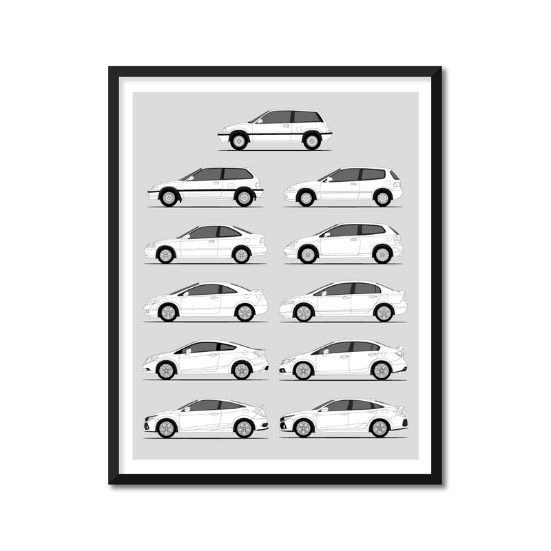 Honda Civic Si Generations (Side Profile) Poster Print Wall Art History Evo
