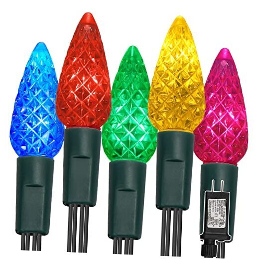 C6 Christmas Lights, 33ft 100 LED Faceted String Lights Green Wire Multicolor