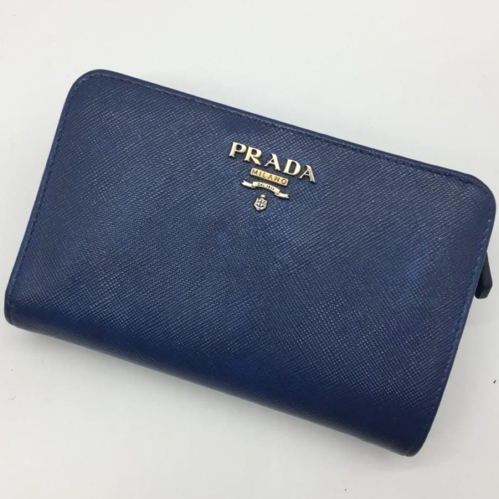 Prada Blue Saffiano Leather Folding Wallet with Gold Logo Card Case Pre-Owned