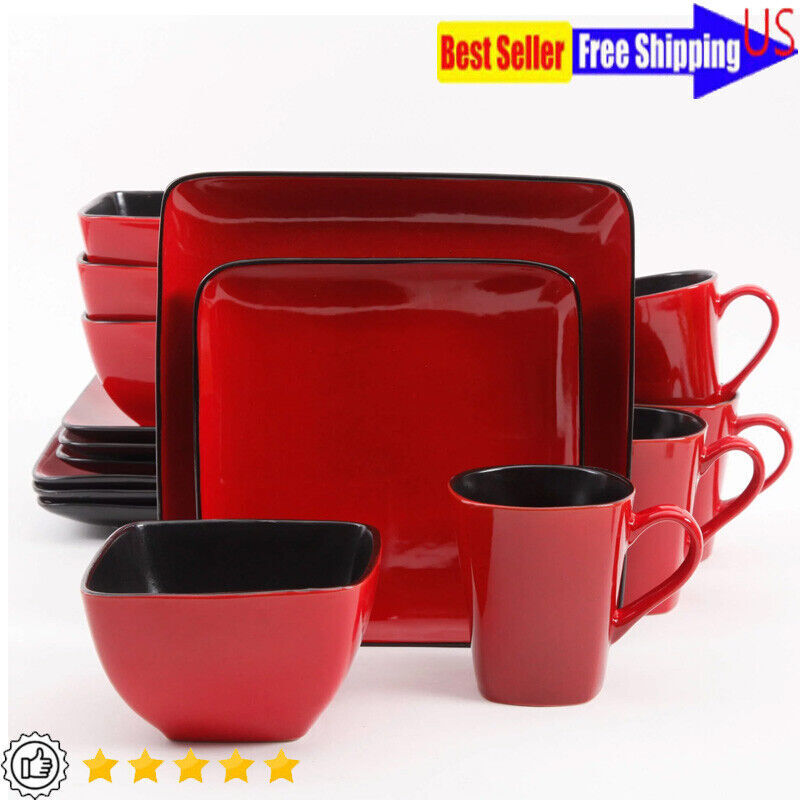 Rave Square Dinnerware Contemporary For Everyday Use 4-Piece Place Set Of 16 Red