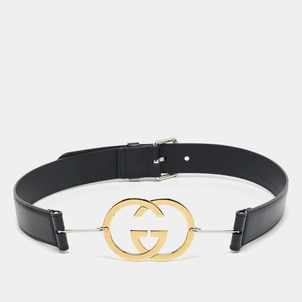 Gucci Black Leather Interlocking G Buckle Belt 80 CM