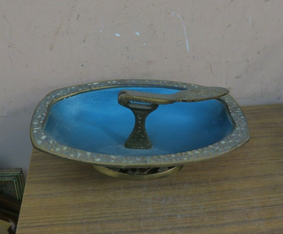 Vintage Nut Cracker Bowl Hebrew Judaica Jerusalem Israel Blue Enamel Brass