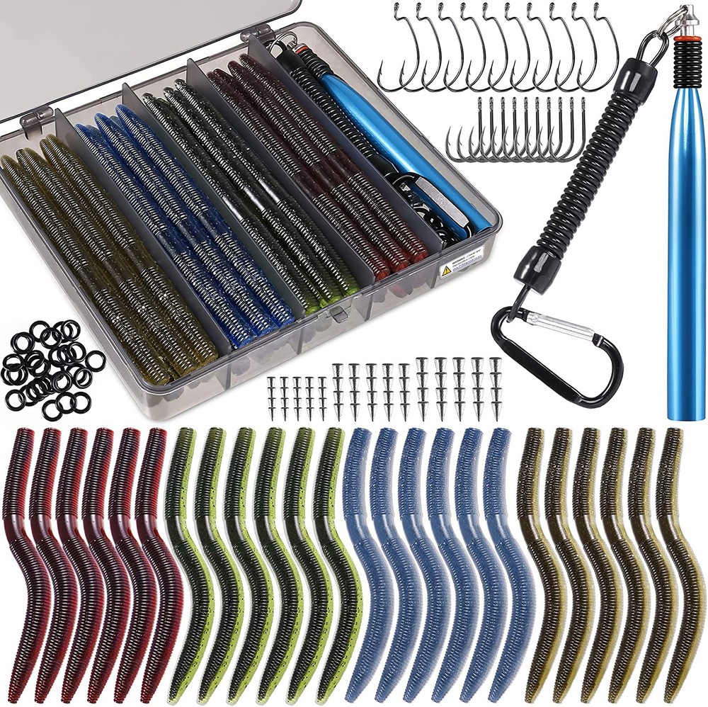 137PCS Wacky Worm Fishing Lure Kit with Tackle Box for Bass Trout Bass Trout