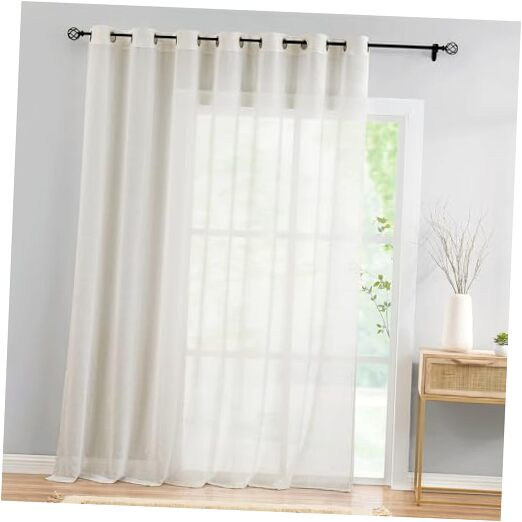 Linen Sheer Sliding Door Curtains for Bedroom, Beige Curtains 96 Inches Long