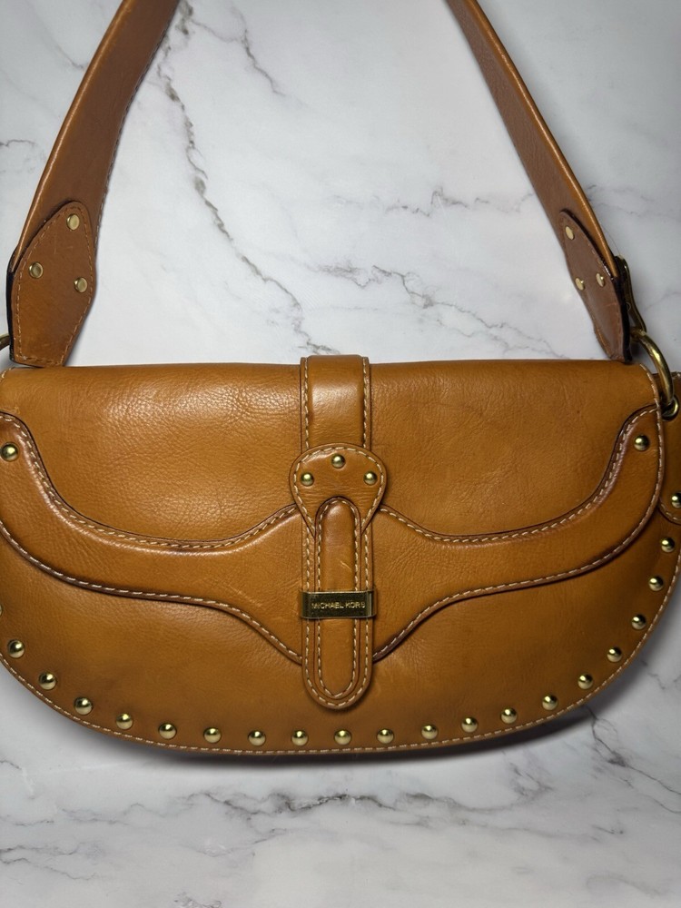 MICHAEL KORS Studded Shoulder Bag HOBO Saddle LEATHER Rusty Brown Baguette Y2K