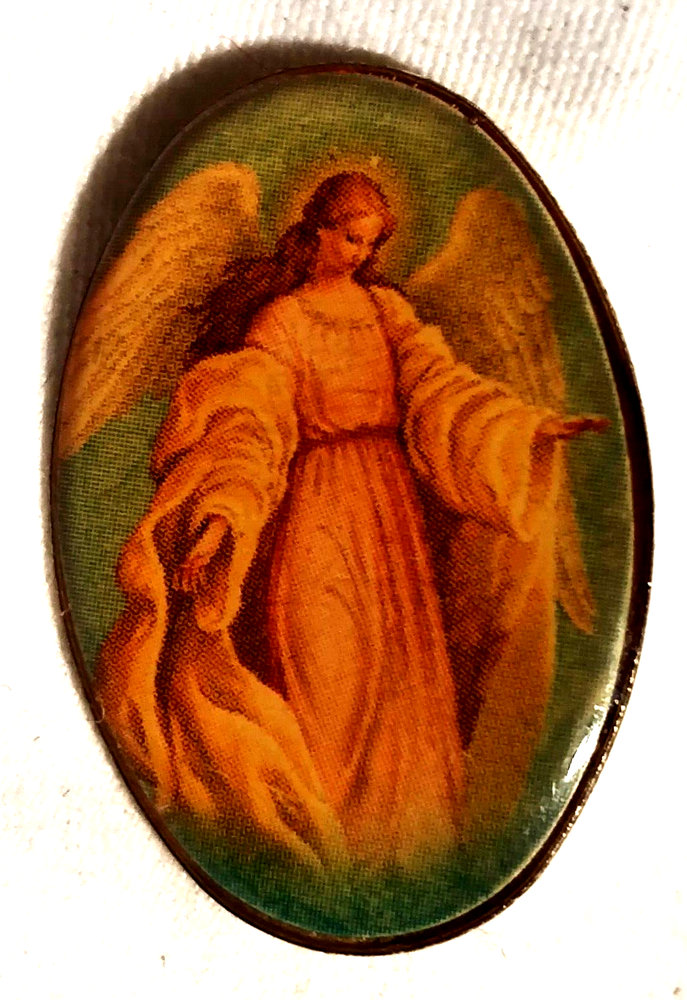 Brooch Lapel Hat Scarf Pin VTG St Mary Guardian Angel Winged Gold Tone Oval
