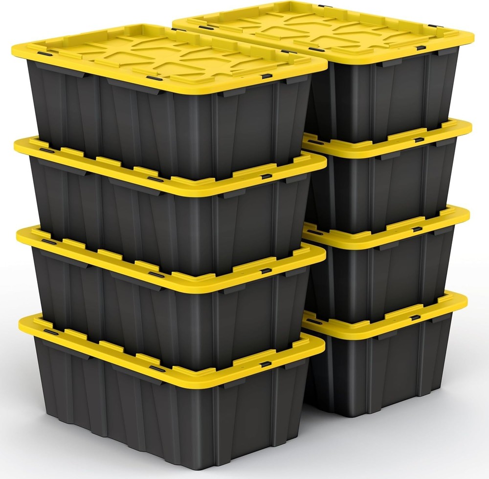 Set of 8 12 Gallon Black Plastic Storage Bins Tote Boxes with Snap Lids Durable