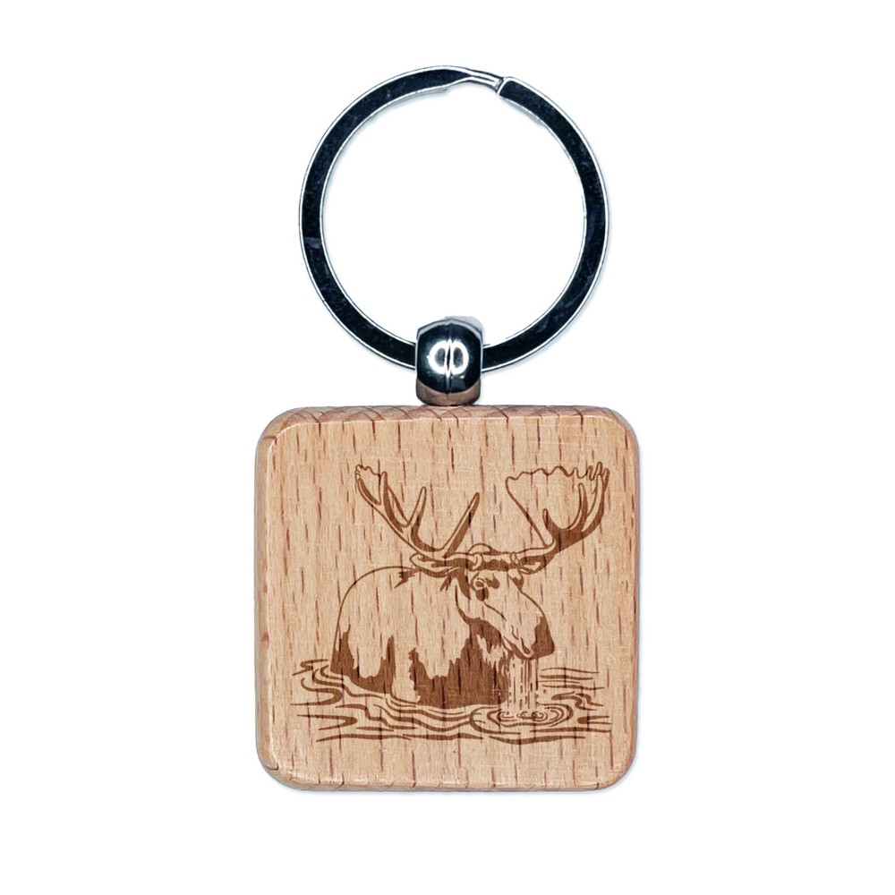 Moose Wading in Water Engraved Wood Square Keychain Tag Charm