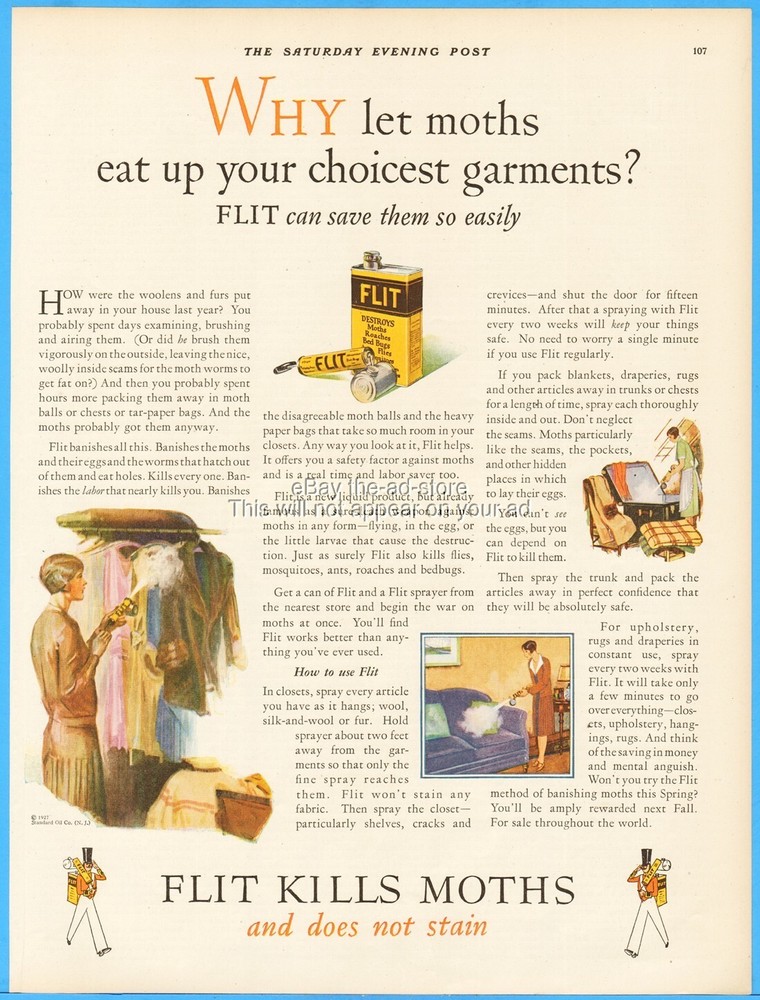 1927 FLIT Insecticide Vintage 1920's Print Ad Moth Roach Spray Carl Mueller Art