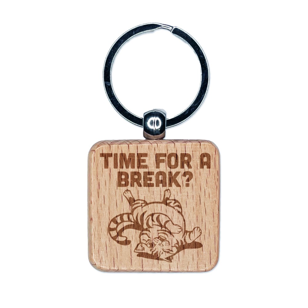 Playful Cat Time for a Break Nap Engraved Wood Square Keychain Tag Charm