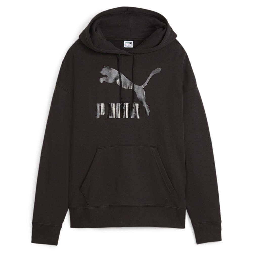 PUMA Classics Shiny Logo Pullover Hoodie Womens Black Casual Outerwear 62559501