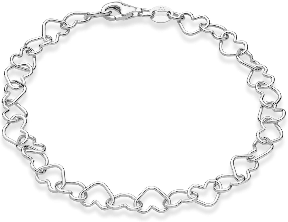 925 Sterling Silver Italian 5mm Heart Link Chain Bracelet for Women Made in Italy