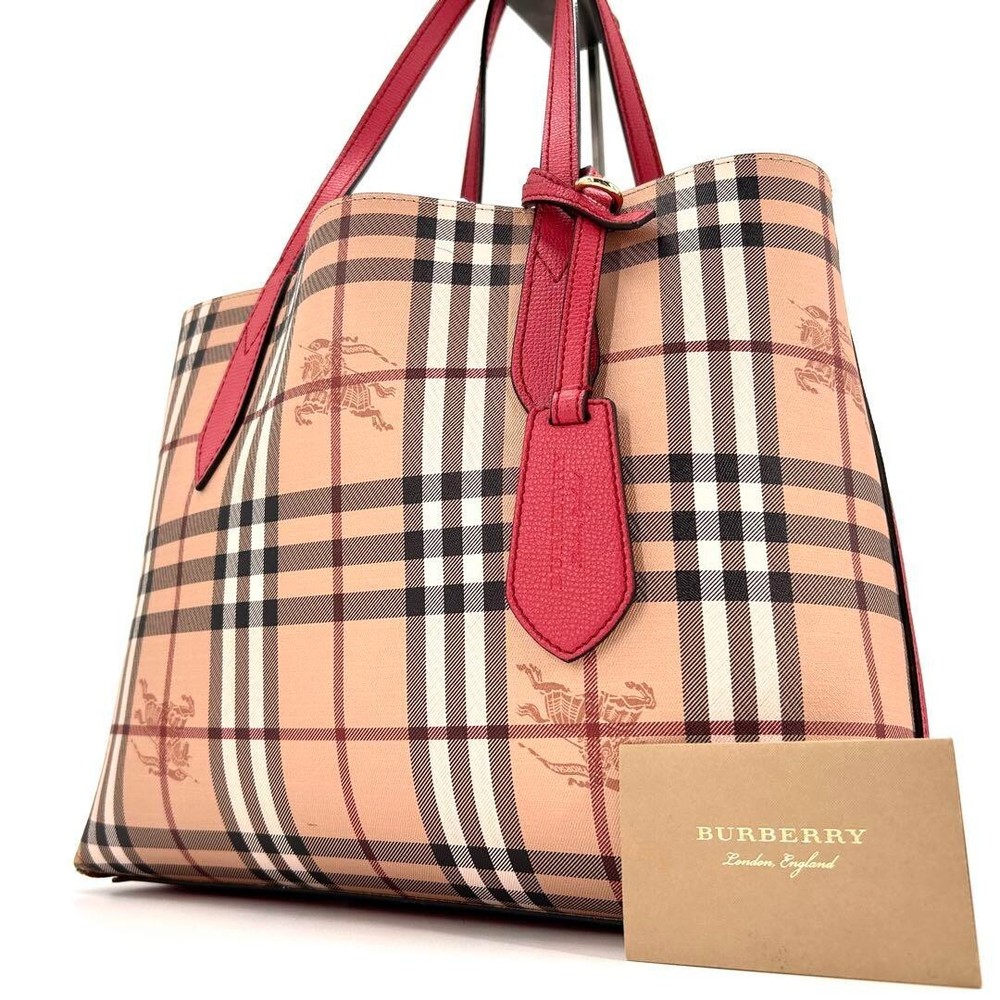 Burberry Tote Bag Reversible Nova Check Leather Pink From Japan Authentic Used