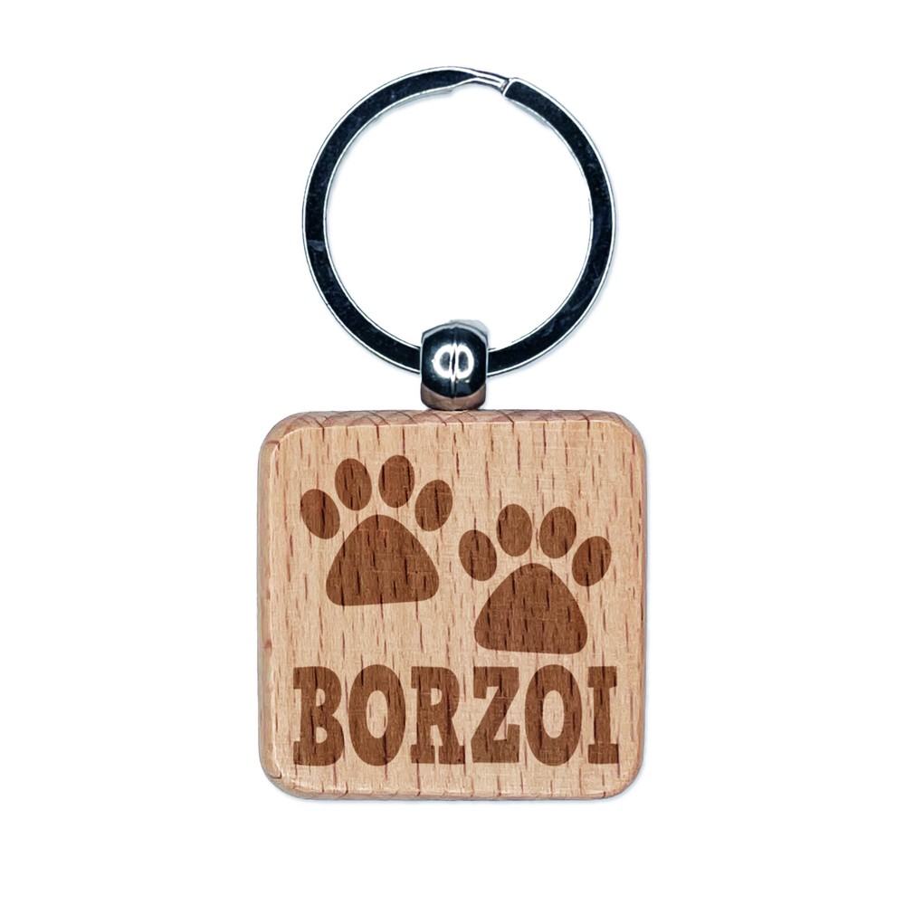 Borzoi Dog Paw Prints Engraved Wood Square Keychain Charm Tag