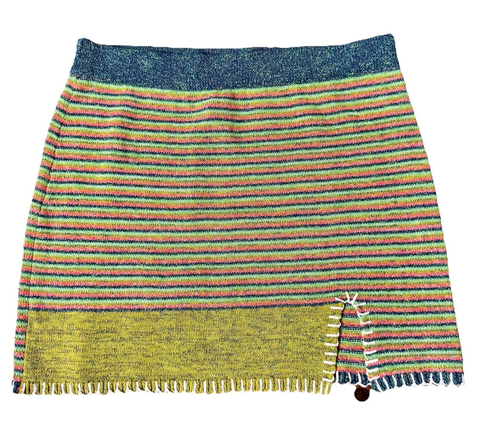 YANYAN KNITS $275 Tweedle Mini Skirt In Rainbow Ochre Embroidered Stitch Y2K FUN