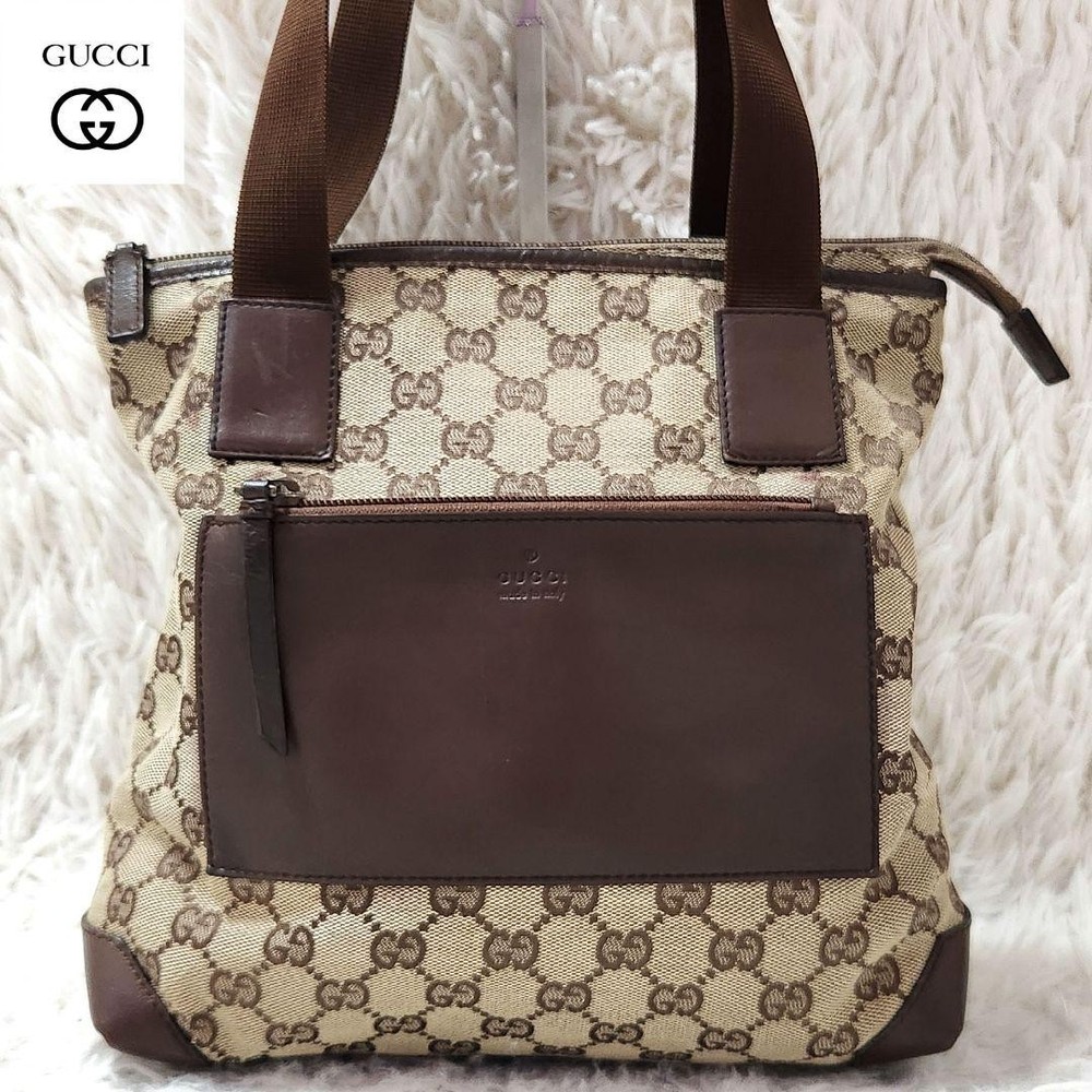GUCCI Tote Bag GG Canvas Leather Brown Shoulder Bag Used