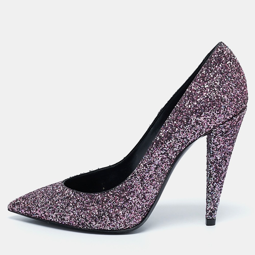 Saint Laurent Purple Glitter Pointed Toe Pumps Size 38.5 Women's Luxury Heels