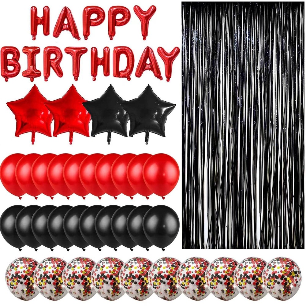 Birthday Decorations for Men Women, Black and Red Balloons Happy Birthday Ban...