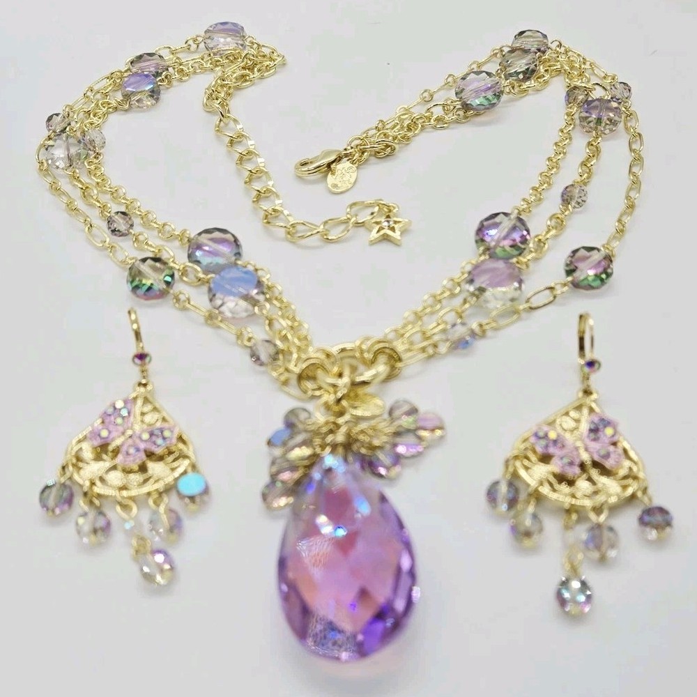 Kirks Folly Fantasia Necklace Crystal Lilac Dream Charm & Earrings 3 pc Lot Set