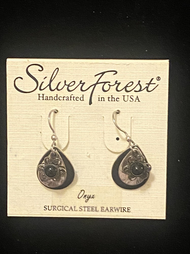 NEW MADE IN USA SILVER FOREST HANDCRAFTED DANGLE EARRINGS WITH ONYX