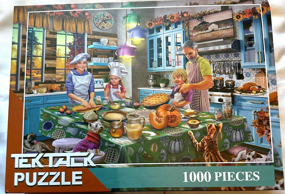 Tektalk Wooden HTF CMP 1000 pc Puzzle Pies Pumpkin Cats Dugs Mom Dad Children kI