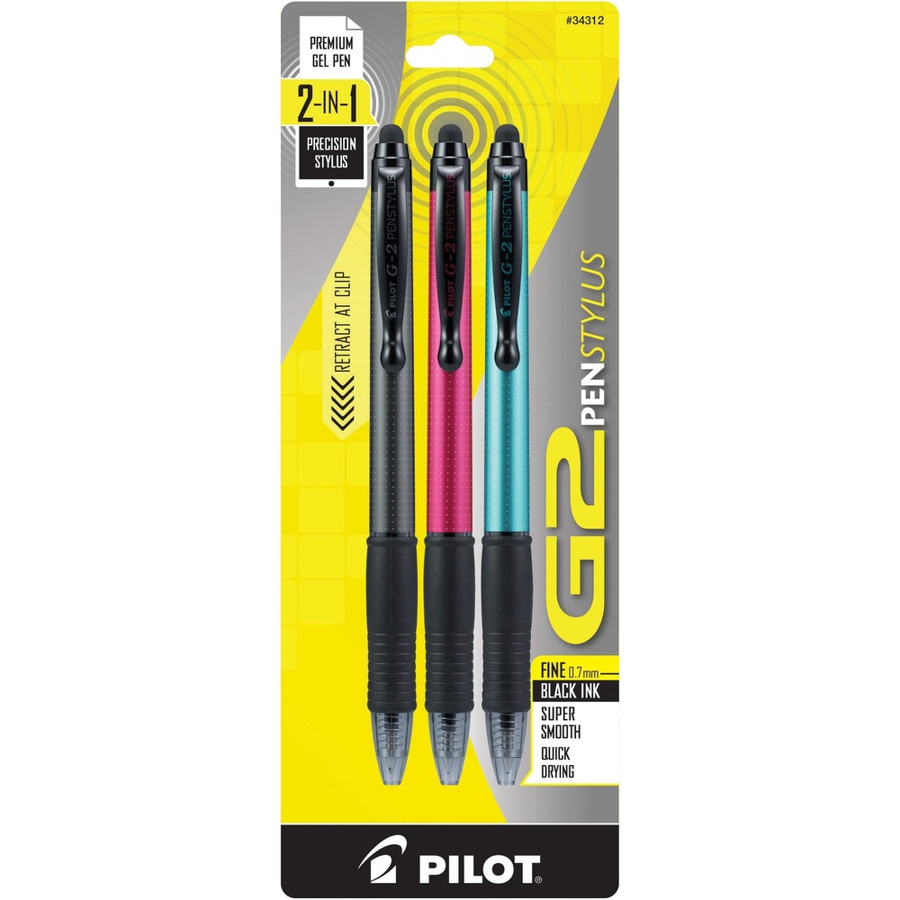 Pilot, G2 Pen Stylus, Fine Point 0.7 mm, Pack of 3, Black Ink, Gray/Red/Turqu...