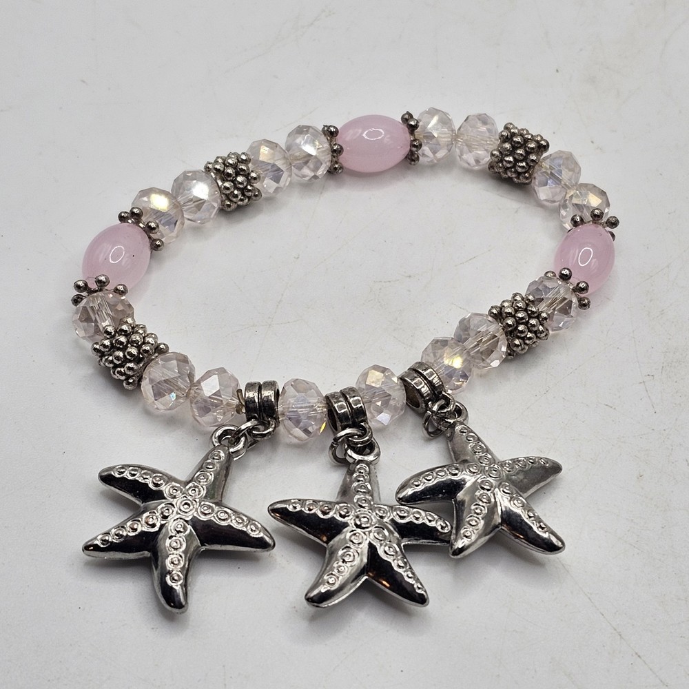 Silver Tone Stretch Bracelet Beaded With Starfish Charms Estate Find Beach Ocean