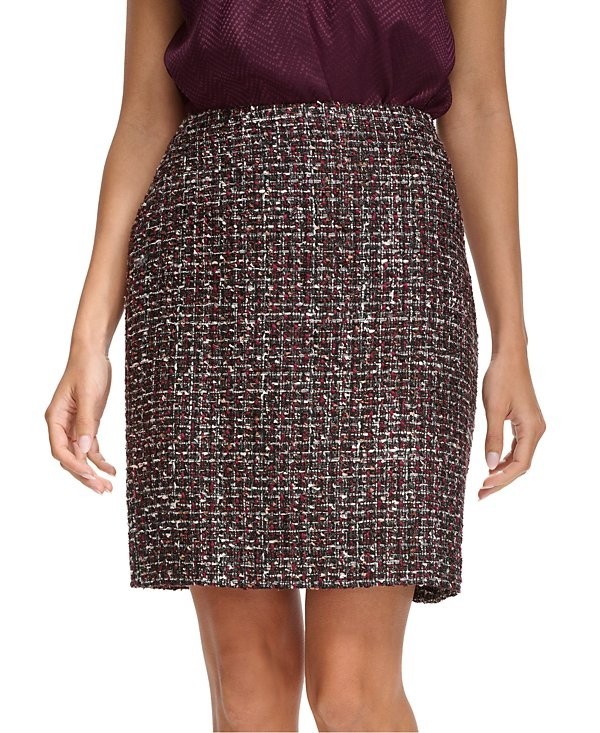 Calvin Klein Women's Tweed Mini Pencil Skirt burgundy Black Size 10 MSRP $89