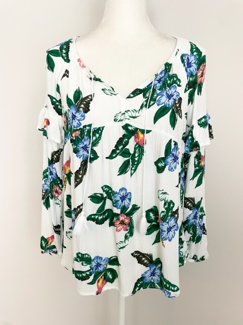 Old Navy Womens Blouse Size S White Floral V Neck Tassels Ruffle Long Sleeves