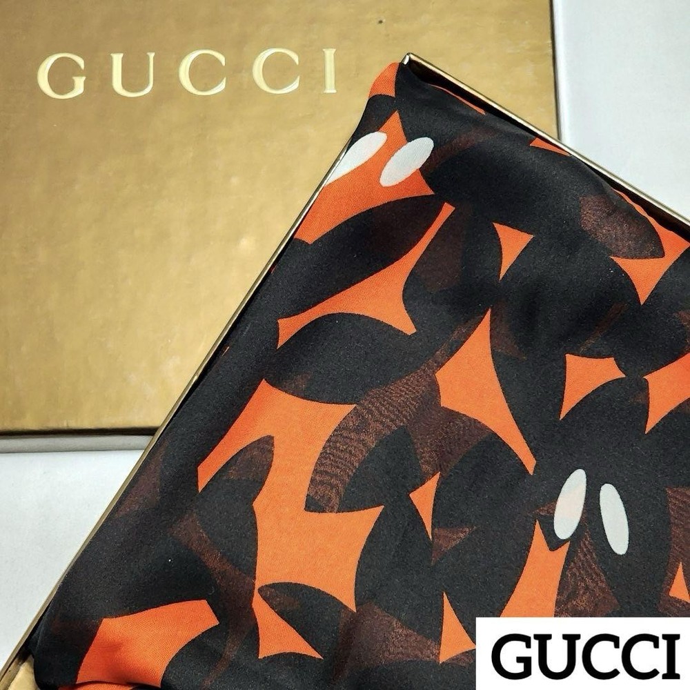 Gucci Stole Chiffon Floral Black Orange Boxed From Japan