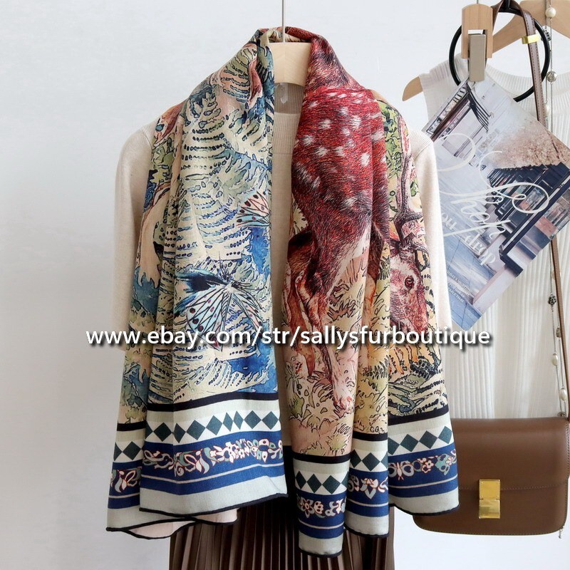 Sallys Double Face 70% Cashmere 30% Silk Shawl Scarf with Deer Forest Print 53 Inches
